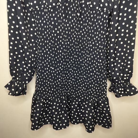Express Polka Dot Mini Dress Smocked Balloon Sleeve - Picture 3 of 8